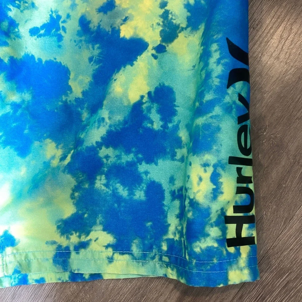 Hurley Mens XL Tie Dye Swim Trunks Blue Lime Green‎ Board Shorts Mesh Lined 0097